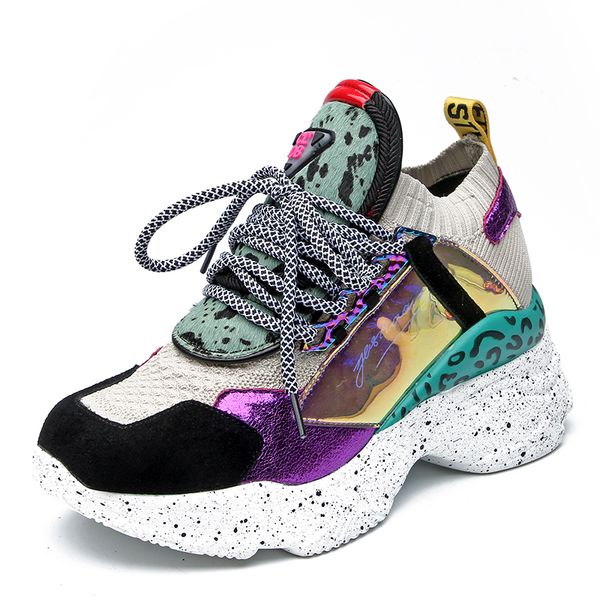 

european station 2019 new spring women's shoes leather old shoes women's platform leopard socks mouth light tide, Black