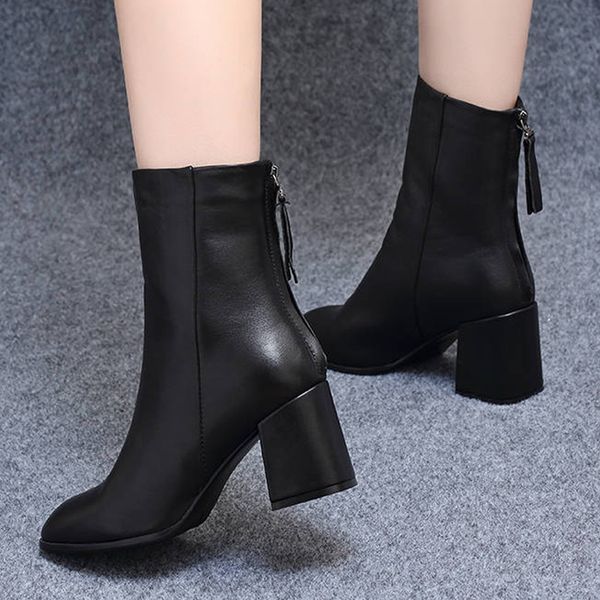 

pu leather boots women square heels zipper mid boot keep warm round toe shoes solid color snow boot zapatos mujer dropshipping, Black