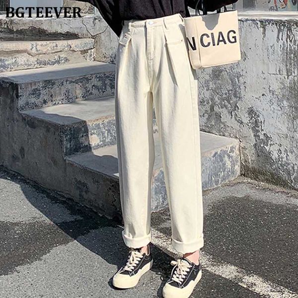 

bgteever women loose denim jeans simple casual solid ladies trousers high waist straight jeans pants wide leg pants 2020 spring, Blue