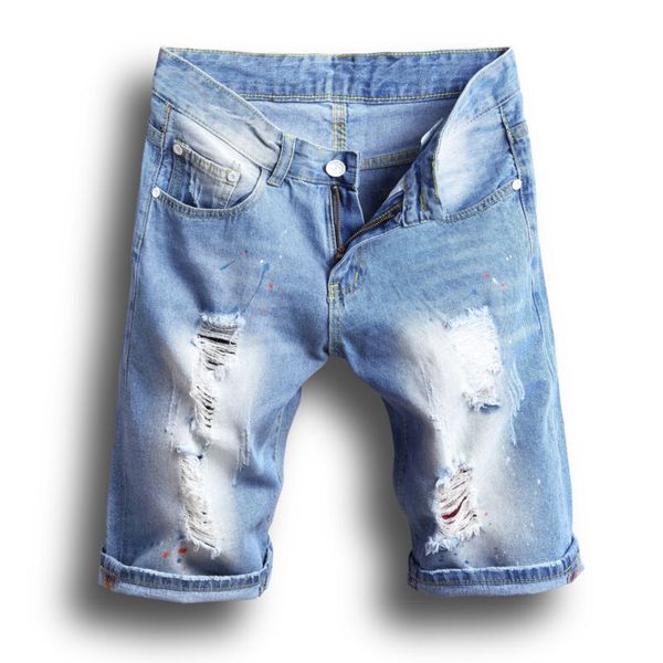 

новая мода досуг мужские рваные короткие джинсы брендовая одежда летние шорты отверстие дышащий разрыв джинсовые шорты жан мужские брюки, Blue