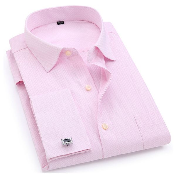 

men's dress shirts men french cufflinks shirt 2021 pink jacquard fabric long sleeve casual male cuff 4xl, White;black