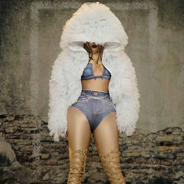 

new fashion white mesh lace short loose jacket hooded women stage wear nightclub outfit female dance costume plus size, Black;brown