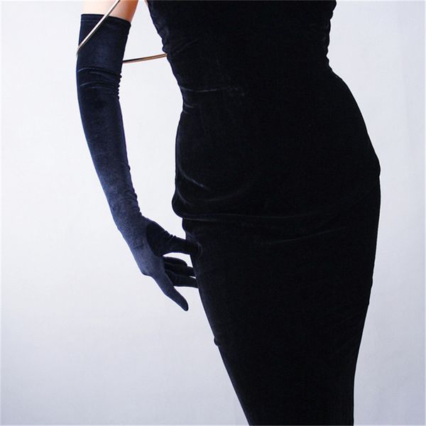 

elegant black velvet gloves 60cm long section over elbow high elastic black swan female touch screen gloves rhs60, Blue;gray