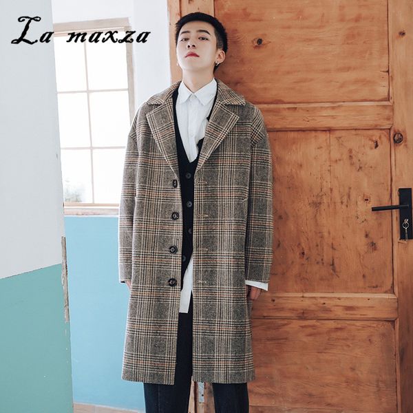 

2019 korea fashion plaid long single breasted mens coat winter new arrival cashmere overcoat, Black