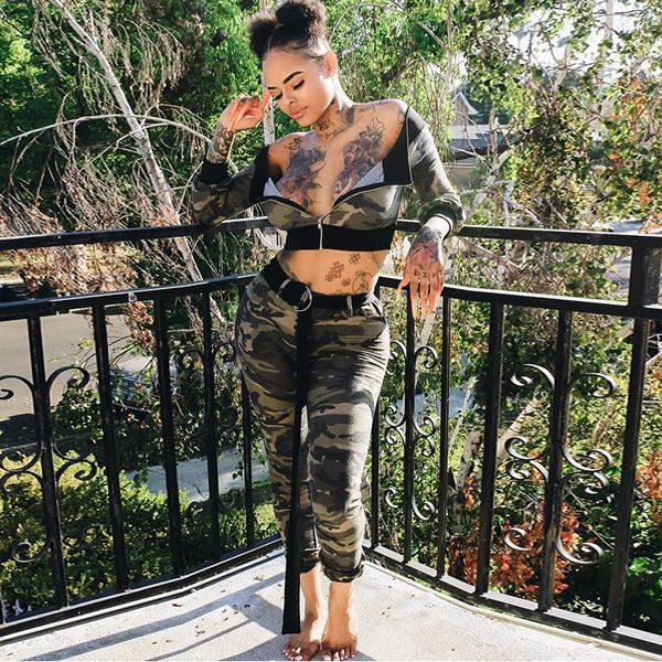 

sexy club 2 двух частей set печати камуфляж off shoulder crop top пояс matching наряды женщин стильная костюмы и пиджаки партии осень, Gray