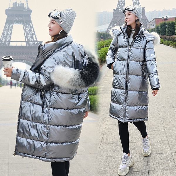 

2019 new winter jacket women warm thick down parka plus size ladies fashion print glossy jackets hooded fur collar cotton padded, Black