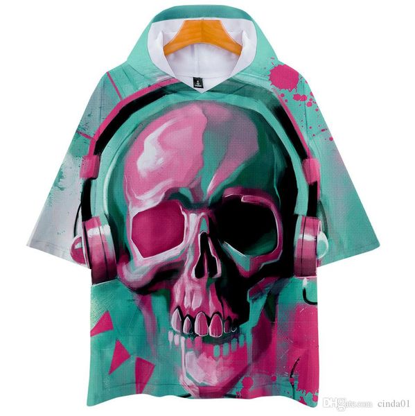 

череп красочная 3d printed mens с капюшоном tshirts лето мужчины женщины повседневная crew neck с коротким рукавом top забавный тис, White;black