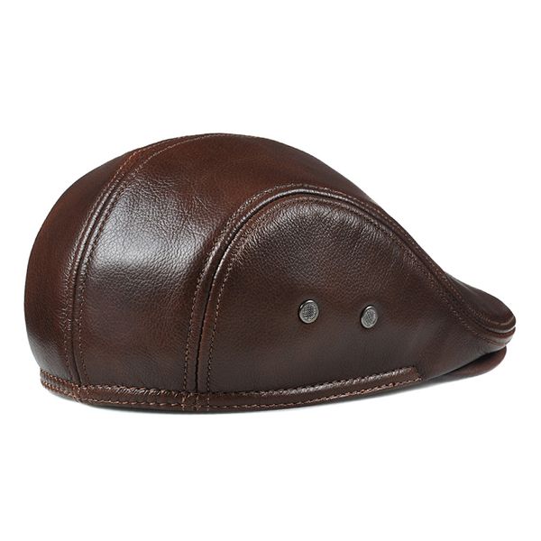 

men's real cowhide leather cap ear muffler warm black coffee genuine leather hat baseball caps autumn winter daddy gift, Blue;gray