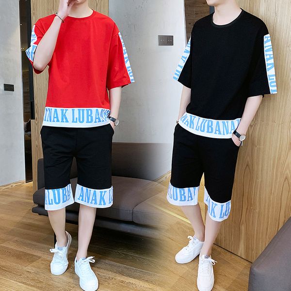

trendy men's set patchwork printing male o-neck half sleeve t-shirt shorts casual 2 pieces men's set, Gray