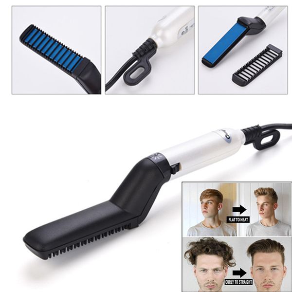 

men straightener curler hair comb multifunctional moustache hair styling beard styler irons electric hair brush us/eu/uk plug, Black