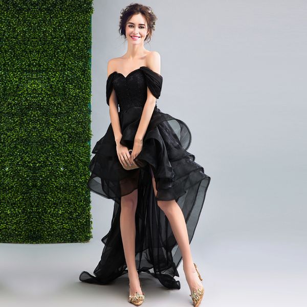 

simple black prom dresses 2019 appliques lace off the shoulder tiered tulle evening gown short front long back formal dress, White;black