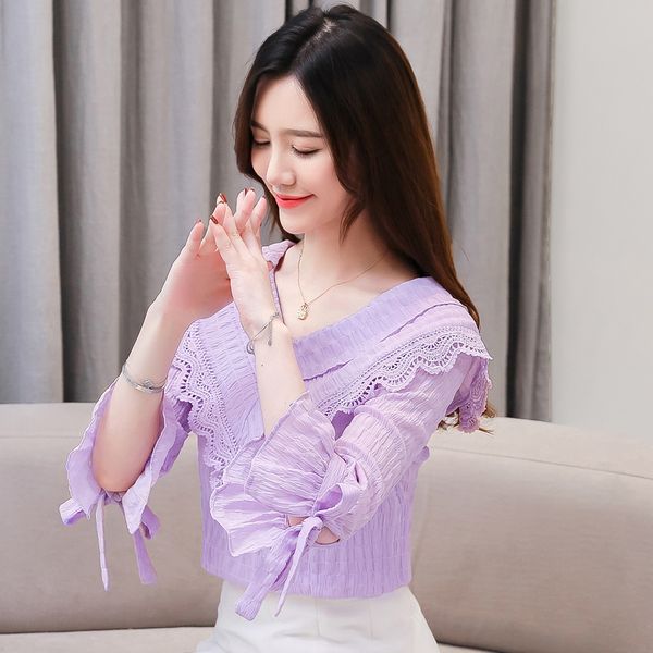 

2019 new autumn women shirts ruffles bow flare three quarter sleeve chiffon v-neck blouse shirt purple 6048, White