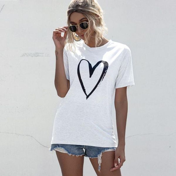

women causal summer t shirt short sleeve female tees pullover hart print streetwear o neck loose women clothing t shirts, White