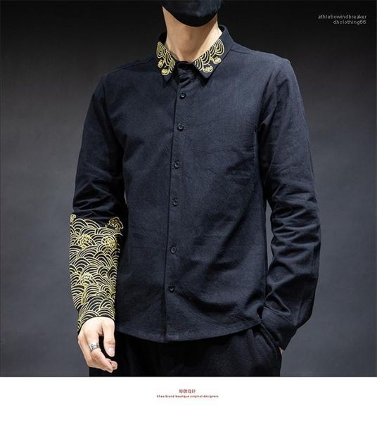 

slim embroidered panelled long sleeve mens shirts casual males clothing chinese style mens designer shirts fashion, White;black