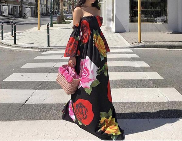 

Flora Printed Strapless Dresses Vacation Sexy Elastic Womens Long Dress Summer Fashion Casual Asymmetrical Womens Clothing