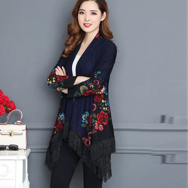 

2020 new women spring vintage knitted sweater long coat women plus size 7xl korean casual shawl cloak floral cardigan coat, Tan;black