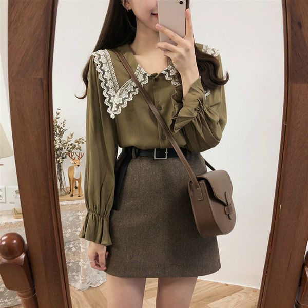 

ewq] 2020 spring summer new lace design petal sleeves womens and blouses sweet loose ladies army green shirt blusas qx793, White
