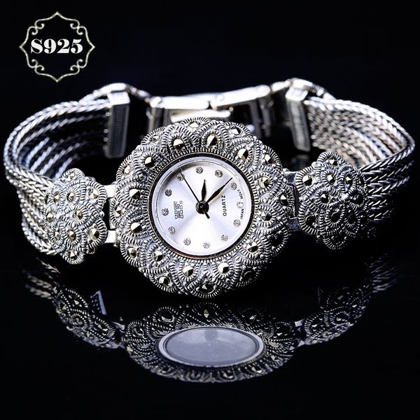 

limited classic elegant s925 silver pure thai silver plum flower bracelet watches thailand process rhinestone bangle dresswatch, Slivery;brown