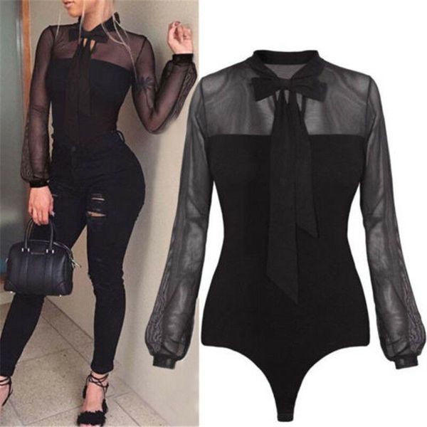 

new 2019 summer bodysuit women bow black mock neck patchwork long sleeve back ladies lace mesh bodysuit transparent, Black;white