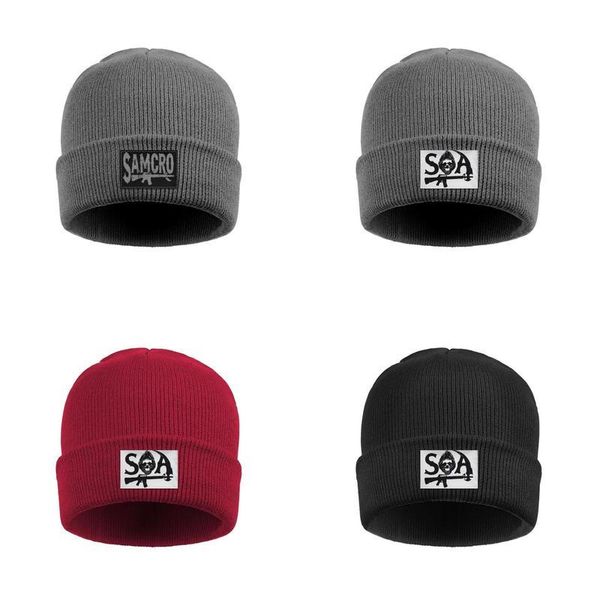 

fashion sons of anarchy gun gray old winter warm beanie hats stylish motorcycle club skull symbol anarchymotorcycle samcro vintage, Blue;gray