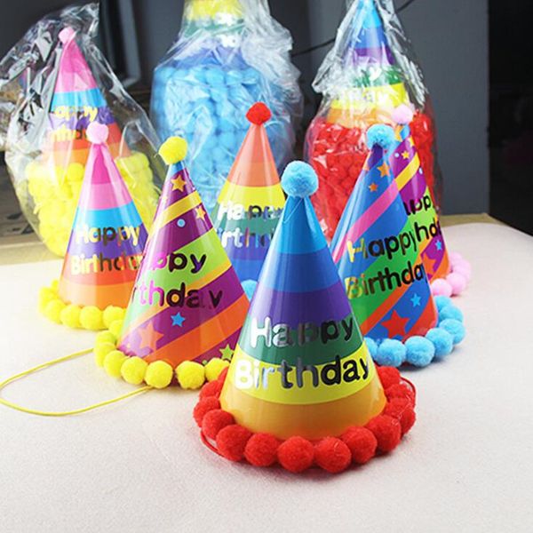

2018 new children boy girl pompon ball paper hat kids prince princess birthday party hat headwear event party supplies