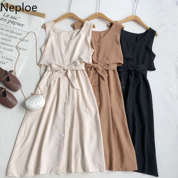

neploe 2020 summer korean women tank dress single breasted o-neck sleeveless vestidos femme sashes slim waist dresses 4c863, Black;gray