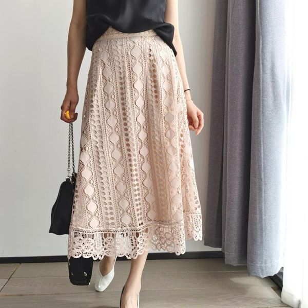 

women skirt 2020 spring and summer new midi skirt fashion lace hollow midi, Black