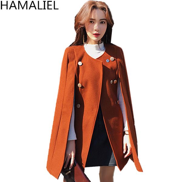 

hamaliel fall winter woollen double breasted cloak outerwear 2018 runway women tweed batwing sleeve poncho cape warm wool coat, Black
