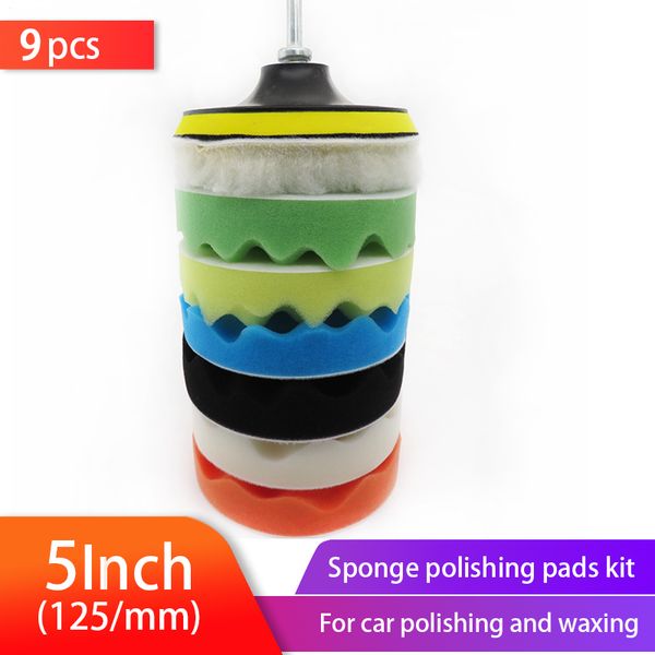 

9pcs 5inch buffer sponge pad set car woolen polishing pad kit auto buffing waxing with m14 drill adaptor for car cleaning tools
