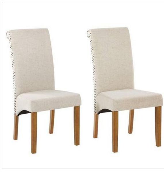 

wholesales 2x beige dining chair fabric padded side chair with solid wood legs nailed trim
