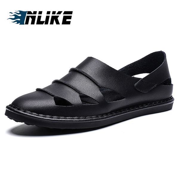 

men fashion leather sandals plus size casual slip-on summer shoes, Black