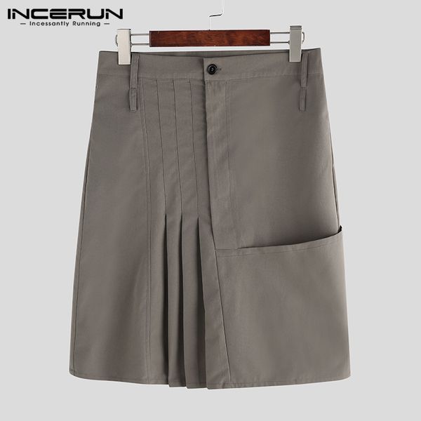 

incerun fashion men skirts pants casual kilt button solid color vintage 2020 pleated skirts trousers men pants plus size 5xl, Black