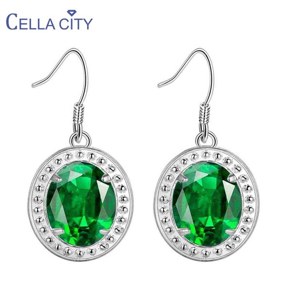 

cellacity korean 925 sterling silver drop earrings for women with oval emerald gemstone silver jewelry wedding engagement gift, Golden;silver