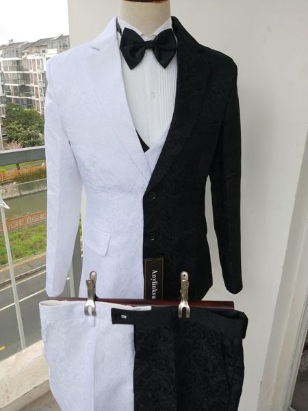 Son zamanlarda Popüler Beyaz Siyah Paisley Damat Smokin Groomsmen Erkek Takım Elbise Düğün / Balo / Akşam Yemeği Blazer (Ceket + Pantolon + Yelek + Kravat) K519