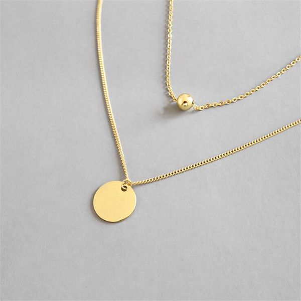 

temperament geometric round card beads double chain necklaces 100% s925 sterling silver gold color jewelry necklace for women