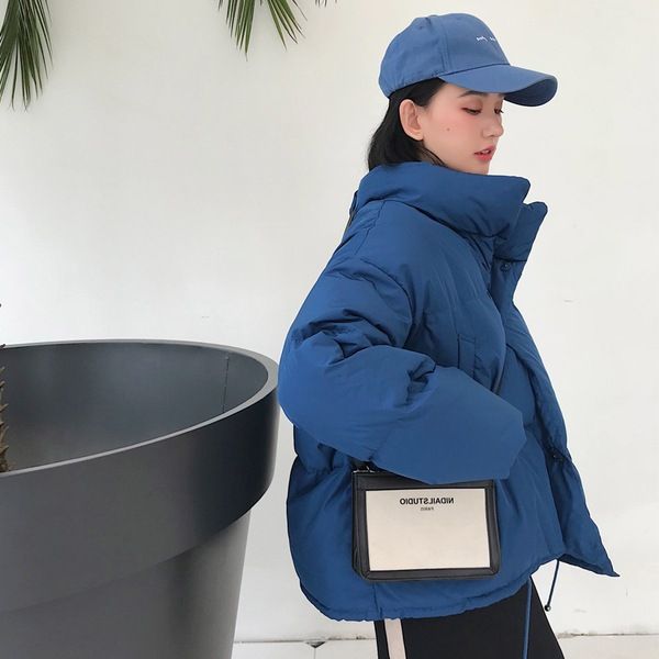 

p shoot 2019 korean-style new style large size thick down coat women's down jacket cotton coat students stand collar short c, Blue;black