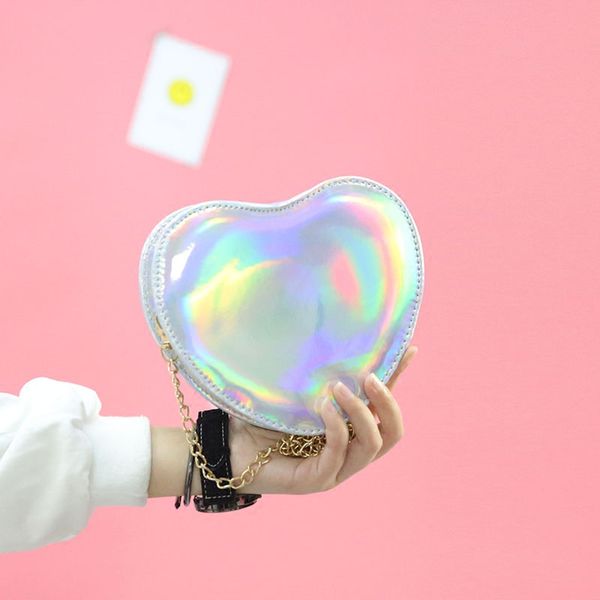 

cute girl bag heart-shaped laser colorful handbags 2017 women bag shoulder messenger chain heart mini phone