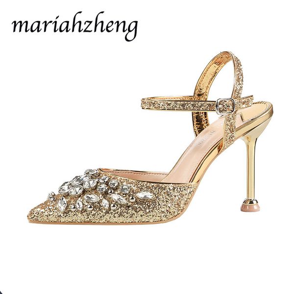 

meriahzheng 9.5cm 2020 pointed toe high heels nightclub sequin sandals fine heel rhinestone temperament women's shoes lsj, Black