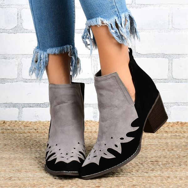 

retro women ankle boots platform 2019 winter fashion mixed color round toe slip-on square heels vintage women boots#g4, Black
