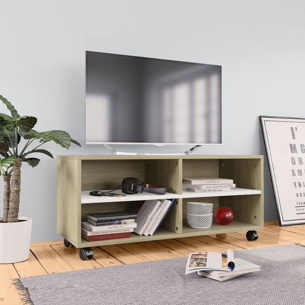 

tv cabinet with wheels white sonoma oak 90x35x35 cm chipboard living room furniture