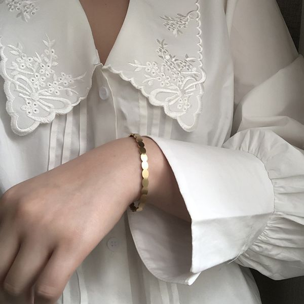 

french fog gold brushed round open bracelet titanium steel plated 18k gold womens non-fading hair, Golden;silver