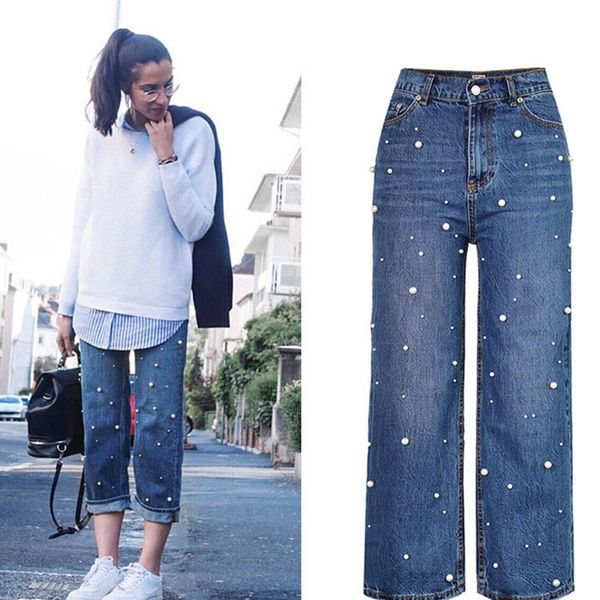 

2019 women high waist pearl jeans full length streetwear cotton wide leg pants with pocket, Blue