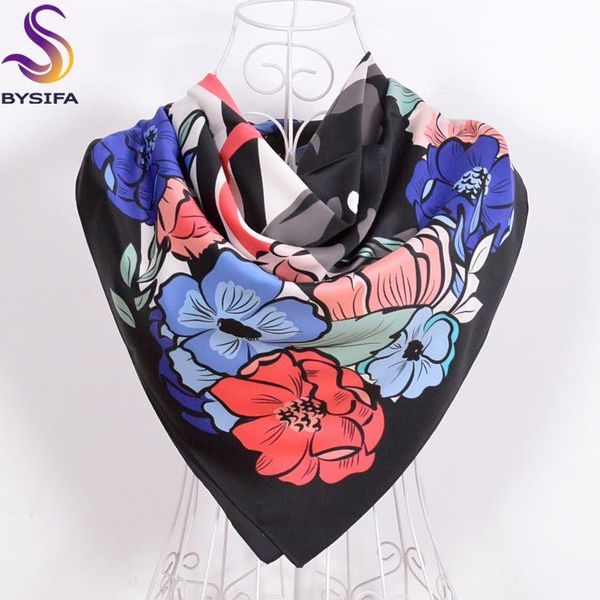 

bysifa] women matt satin square scarves printed 2016 new design winter navy blue flowers leopard silk scarf spring silk muffler, Blue;gray