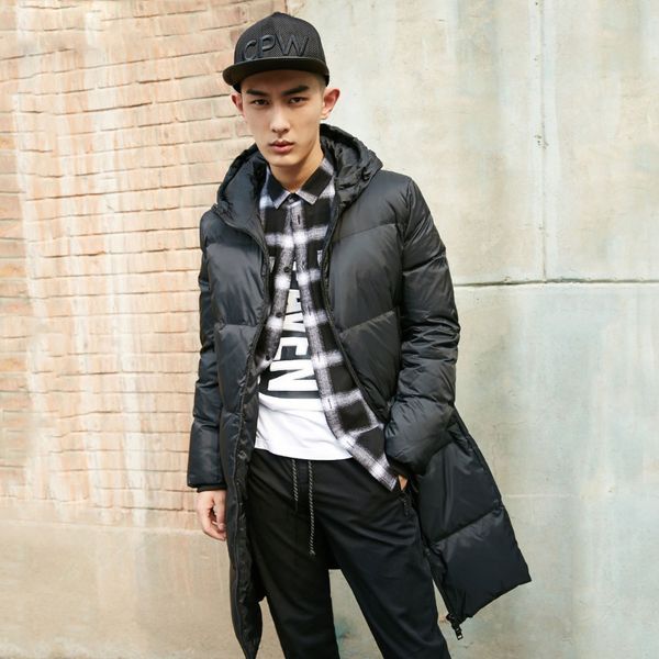

men's winter long hooded down jacket long parka coat menswear, Black