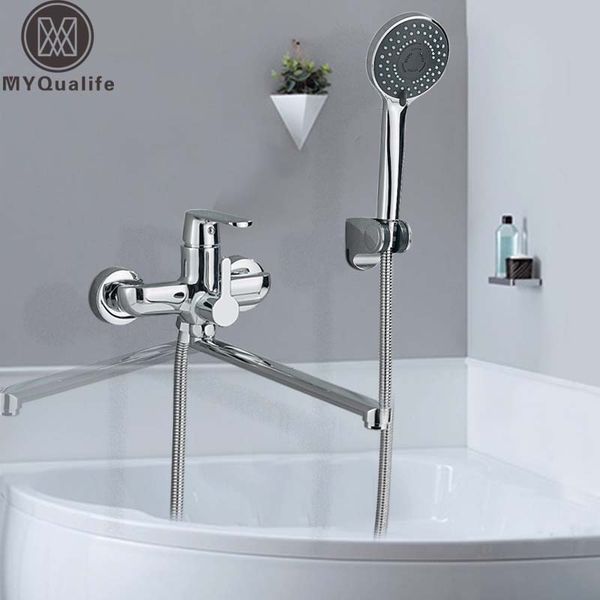 

chrome rotate long spout bathtub faucet wall mounted 360 degree swivel spout bath shower mixers plastic hand shower with bracket