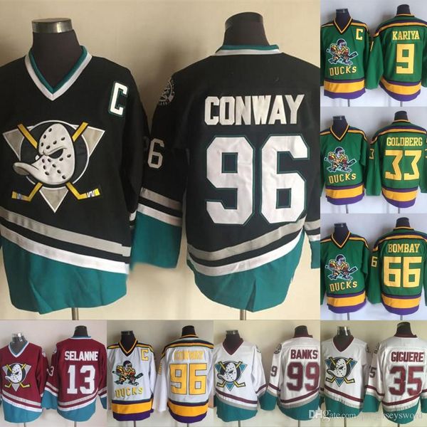 

Vintage Anaheim Mighty Ducks 99 Adam Banks 96 Charlie Conway 13 Teemu Selanne 66 Gordon Bombay 33 Greg Goldberg Hockey Jerseys