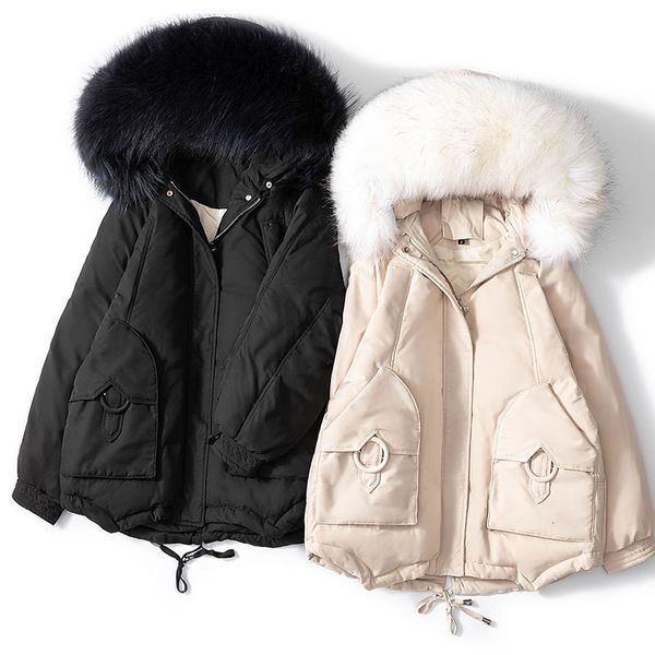 

large natural raccoon fur collar 2020 new winter jacket women loose hooded white duck down coat parkas female warm snow outwear, Black