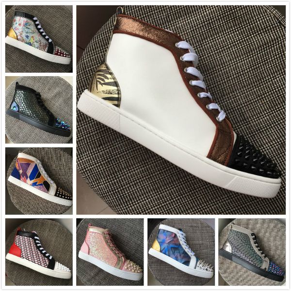

designer brand red bottoms men women white brown patchwork02 leather black spikes toe high casual shoes luxury trainers 35-47