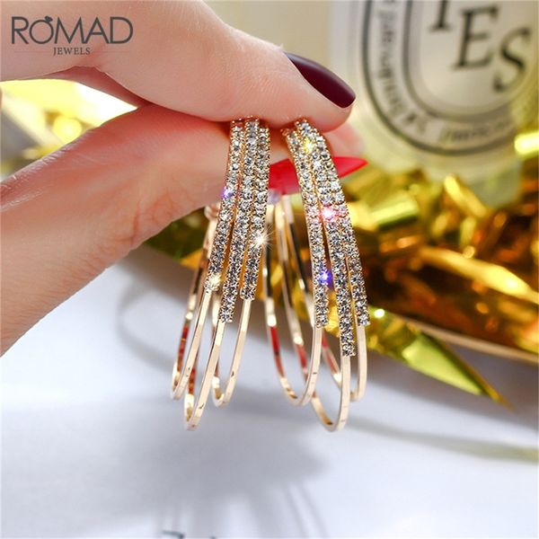 

romad fashion women jewelry multilayer round hoop earrings shining gold silver color rhinestone earrings for wedding party r1, Golden;silver