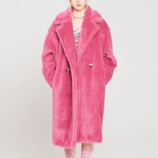 

winter women faux sheep fur coat 2019 luxury long fur coat loose lapel overcoat thick warm female plush coats, Black